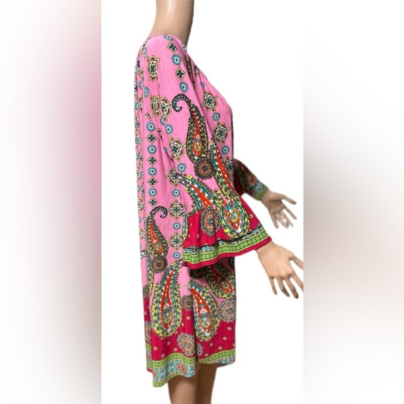 Boho Dress M L Paisley Tunic Pink Multicolor Festival Peasant Style Flowy - Picture 4 of 8